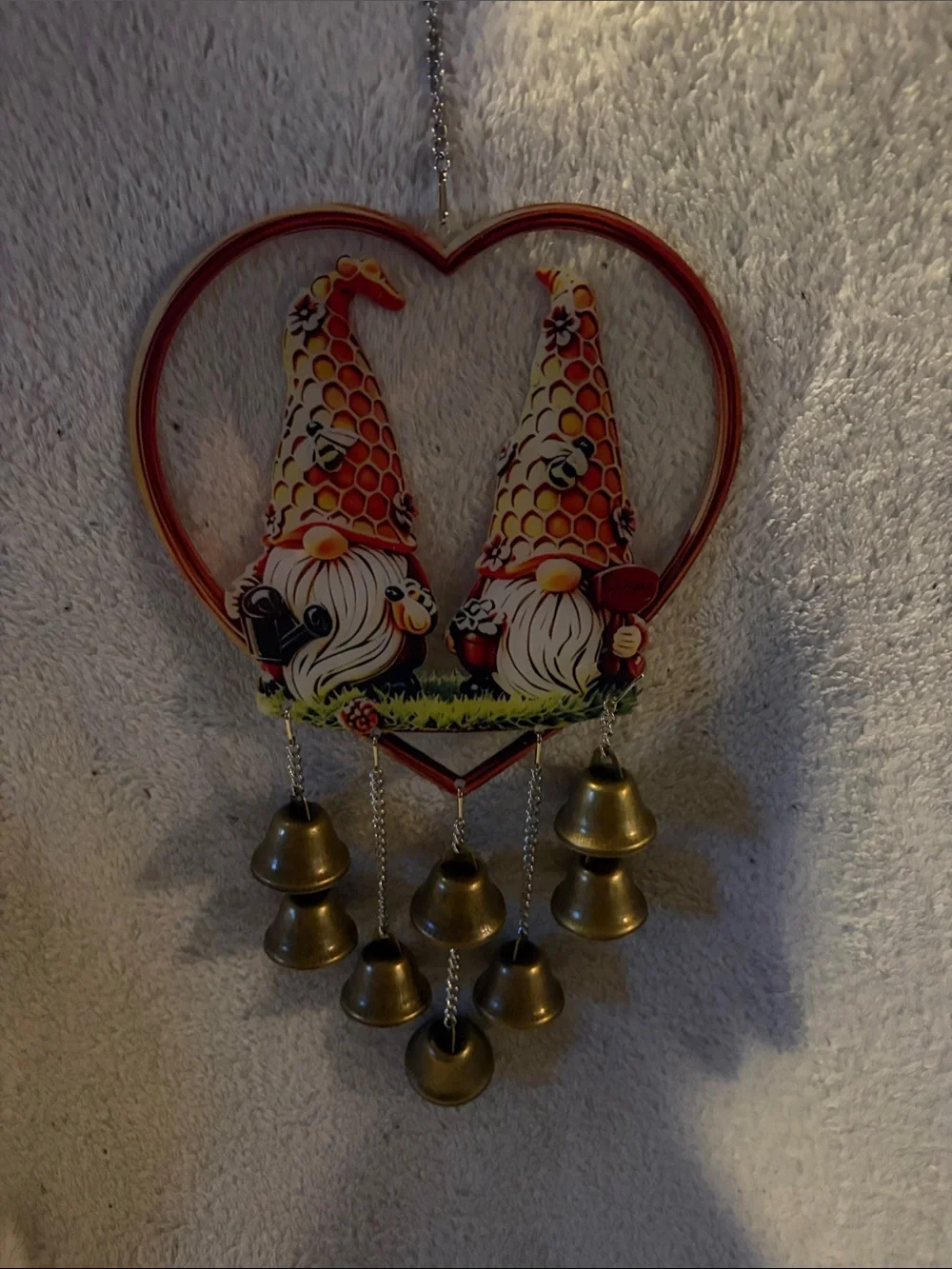 Red Gnome Heart Hanging with Brass Bells